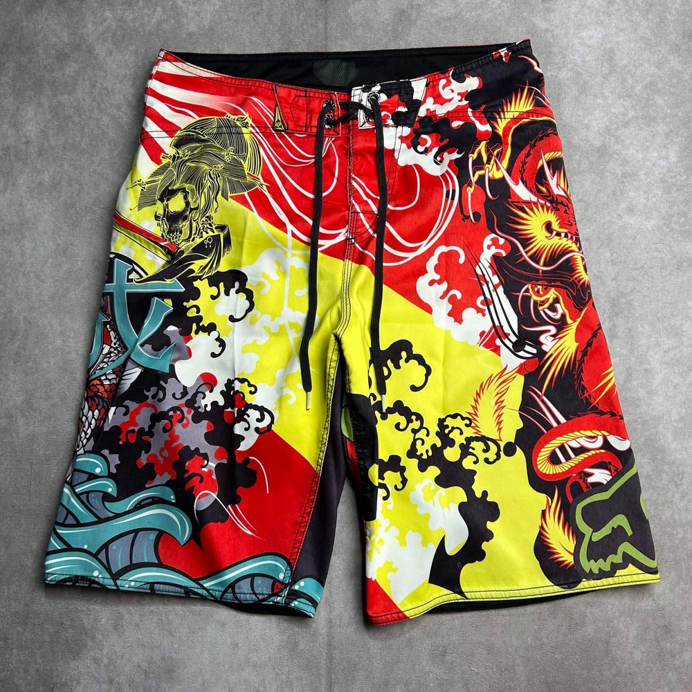 Fox Racing Mens Board Shorts 33 Red Yellow Japanese Dragon Samurai Skull Moto